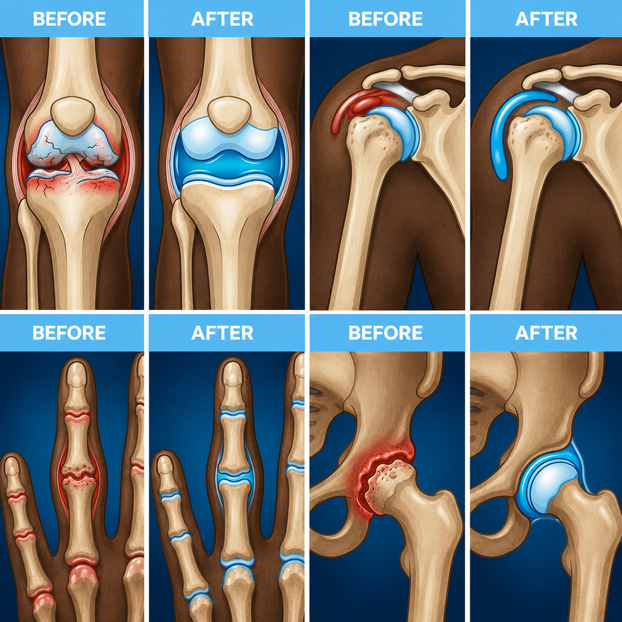 Before and after illustration of healthier knee, shoulder, hand and hip joints